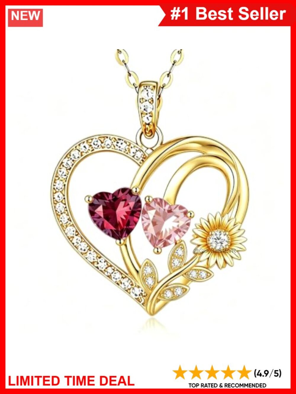 14K Gold Plated Heart Sunflower Birthstone Pendant Necklace for Women